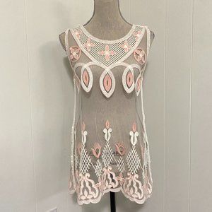 JV Selection Tank Top Sheer Pink and White Crochet Geometric Detail Size S/M